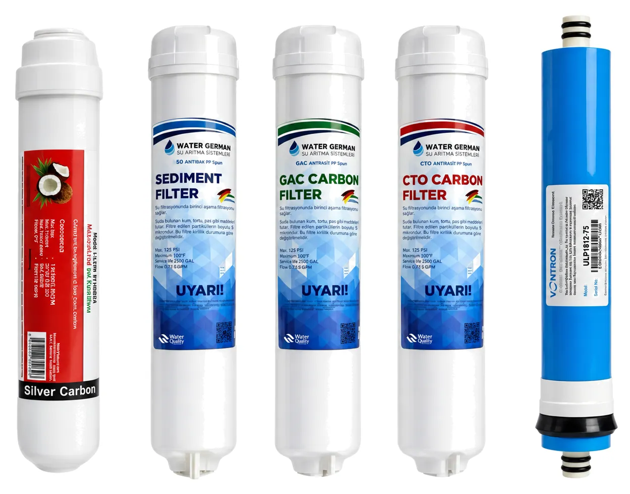 Water German 5'li filtre seti: silver carbon, sediment, GAC karbon, CTO karbon filtre ve Vontron membran